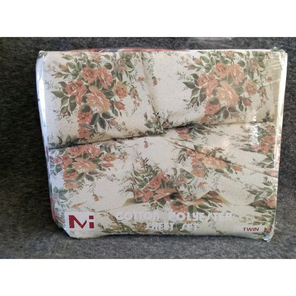 McCarthey Int'l Twin Sheet Set 3Pc Flat Fitted‎ & Pillowcase Briarwood Rose NOS